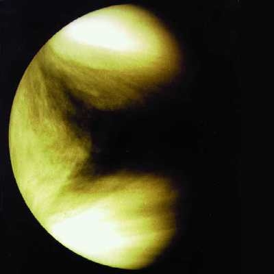 Global view of Venus swathed in clouds stretched by the high winds, courtesy of NASA.